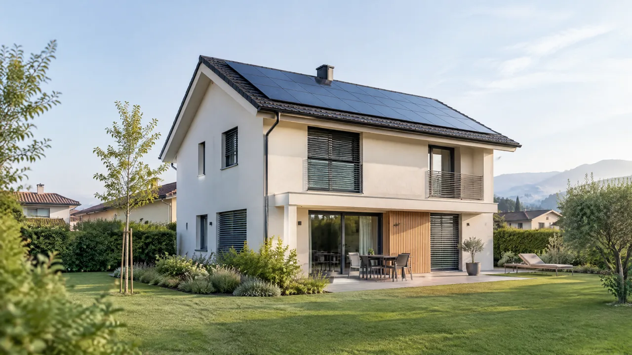 Casa con impianto fotovoltaico, immagine illustrativa