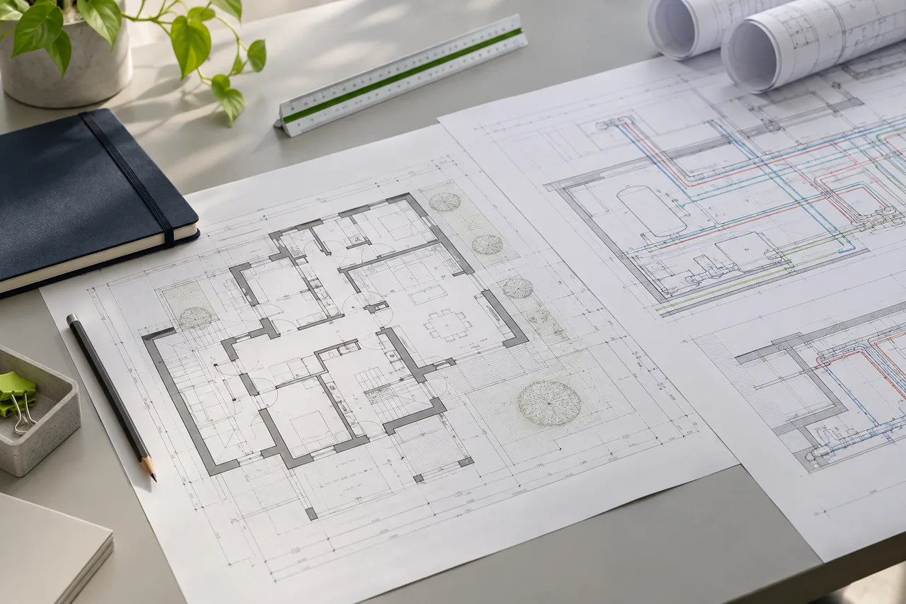 Tavole di progetto dell’edificio e degli impianti su un tavolo da lavoro